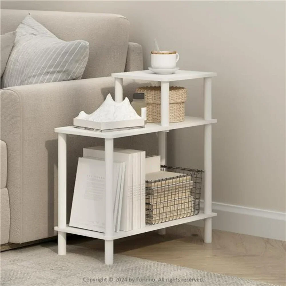 Furinno 3 Tier Sofa Side Table White End Table with Shelves Small Space Furnitur
